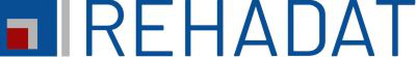 REHADAT - Logo - blau, weiß, rote Rechtecke und Schriftzug REHADAT