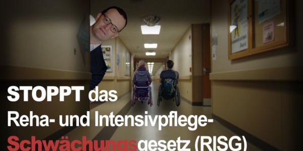 Einrichtungsflur mit Text: STOPPT das Reha- und Intensivpflege-Schwächungs-gesetz (RISG)