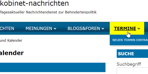 Ausschnitt der kobinet-Website mit Hinweis zur Rubrik 