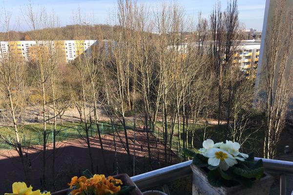 Foto zeigt einen Blick vom Balkon auf den Kienberg
