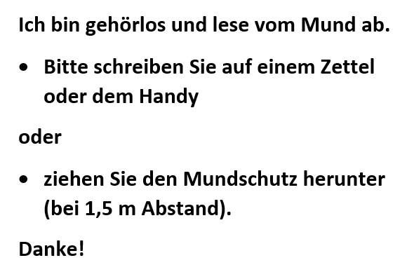 Zettel zur Kommunikation mit Mundschutz