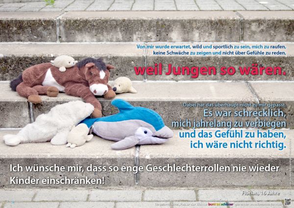 Poster: Kuscheltiere auf einer Treppe