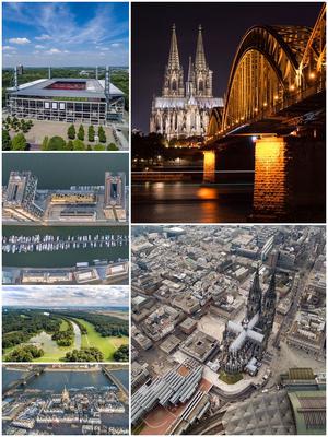 Mehrere Einzelbilder aus der Stadt Köln als Collage mit Dom, Stadion, Rheinbrücke