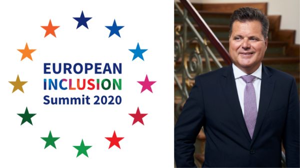 Plakat: European Inclusion Summit mit Bild von Jürgen Dusel