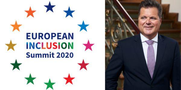 Plakat: European Inclusion Summit mit Bild von Jürgen Dusel