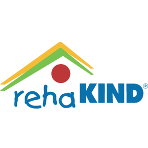 Logo des rehaKind e.V. - gelb und grün angedeutets Dach mit rotem Punkt und dem Namen des Vereins