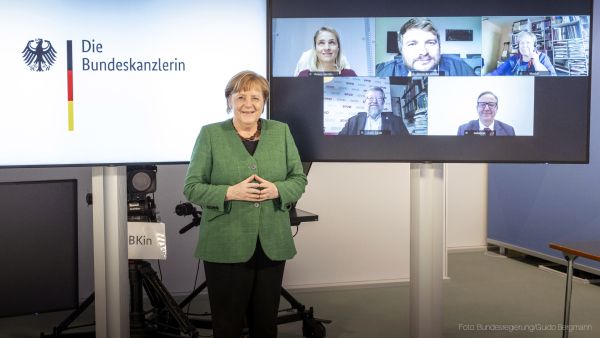 Bild von der Online-Konferenz des DBR mit Angela Merkel am 18.3.21