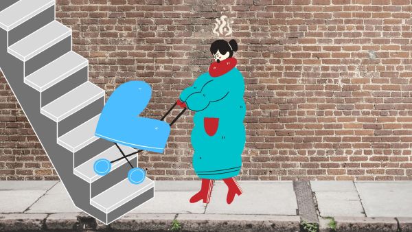 Zeichnung: Frau mit Kinderwagen an steiler Treppe