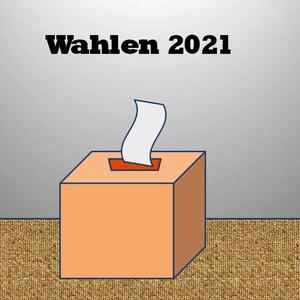 Bild einer Wahlurne mit Wahlzettel. Darüber der Text - Wahlen 2021