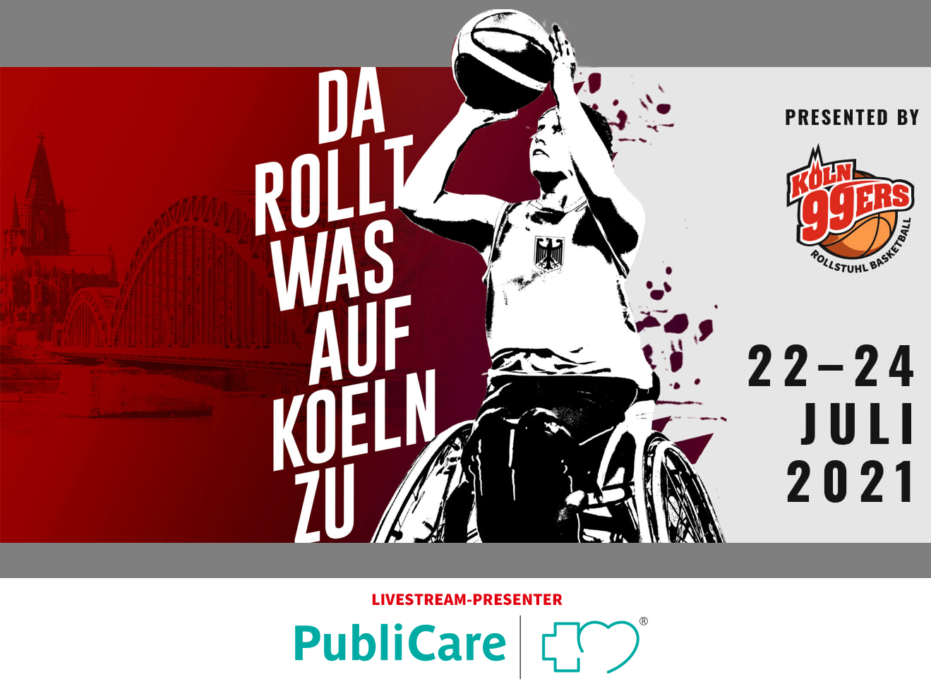 Plakat des Nations Cup Cologne 2021 - Rollstuhlbasketballer mit Termin und Text - Da rollt was auf Köln zu