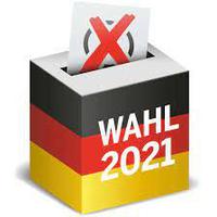 schwarz-rot-goldene Wahlurne mit Aufschrift Wahl 2021