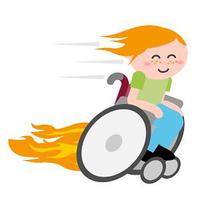 Emoji sportlicher Rollstuhlfahrer - fliegende Haar und Wolke hinter dem Rollstuhl zeigen Geschwindigkeit an