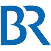 Blaue geöffnete Buchstaben BR auf weißem Hintergrund