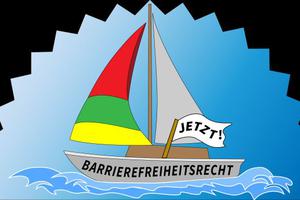 Segelboot mit rot-grün-gelbem Segel mit Barrierefreiheitsrecht Jetzt