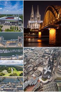 Mehrere Einzelbilder aus der Stadt Köln als Collage mit Dom, Stadion, Rheinbrücke