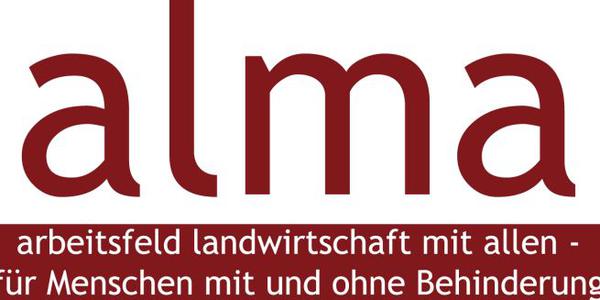 Rote Schrift - alma - auf weißen Grund, darunter Text - Arbeitsfeld Landwirtschaft mit allen