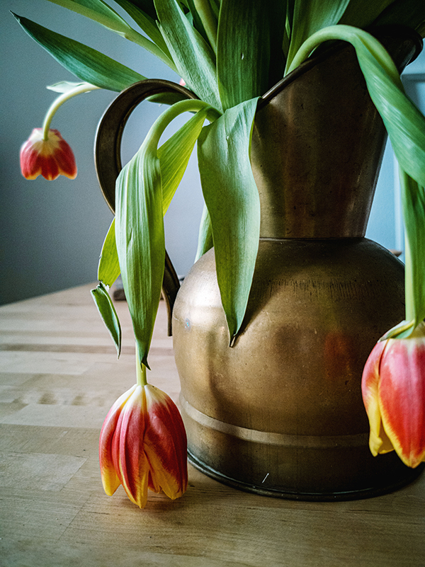 Gelb-rote Tulpen im Kupferkurg