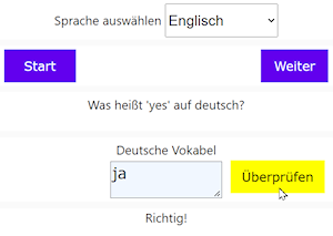 Es sind die Bedienfelder der Software sichtbar: Start, Weiter, Überprüfen der Eingabe.