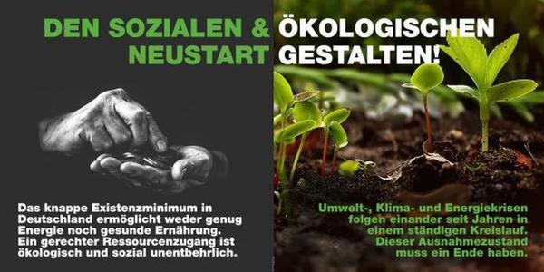 Plakat mit Hand und einigen Münzen links und aufgehende Pflanzen rechts