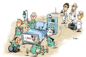 Karikatur zur Triage - Bildbeschreibung im Artikel unten