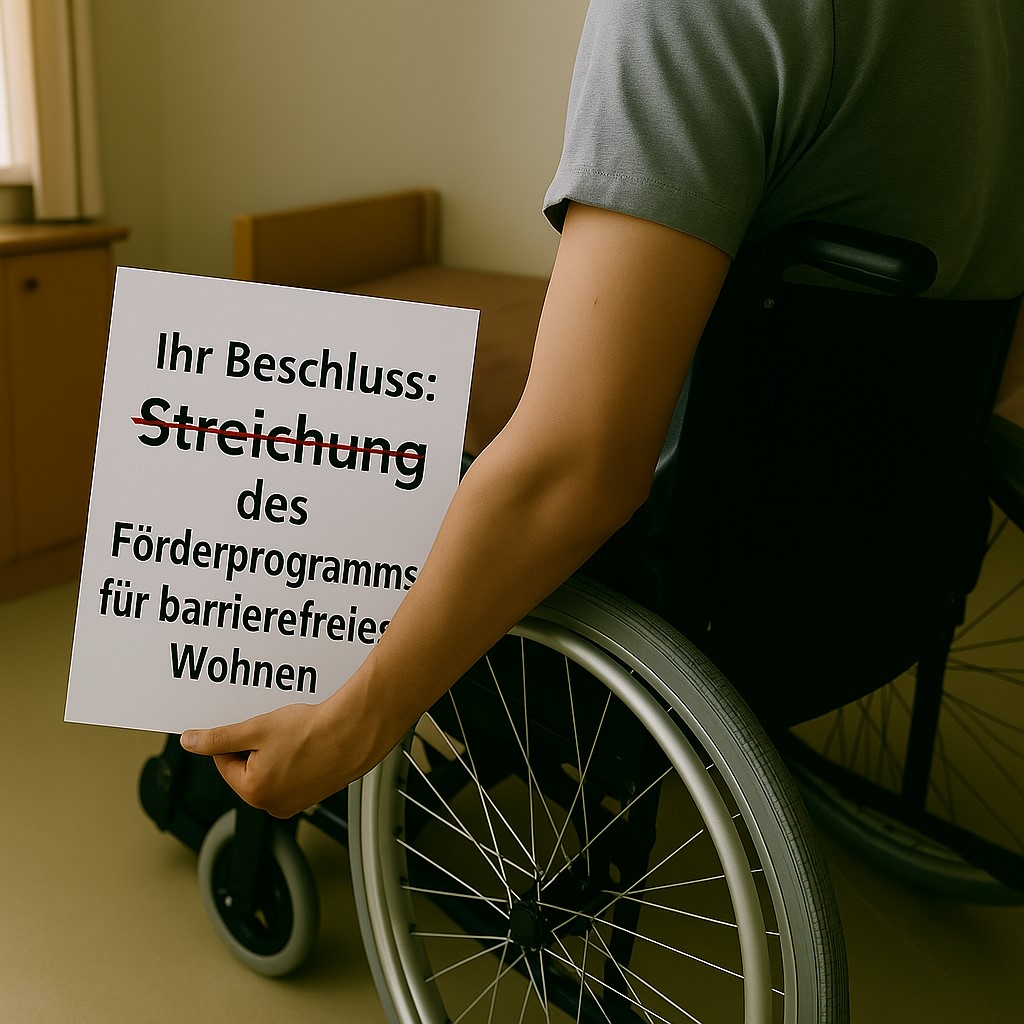 Person in Rollstuhl mit Schild 
