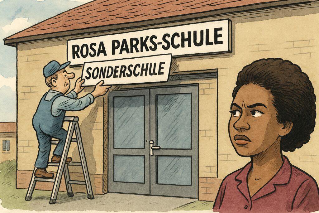 Bild zeigt Schildanbringung von Rosa-Park-Sonderschule