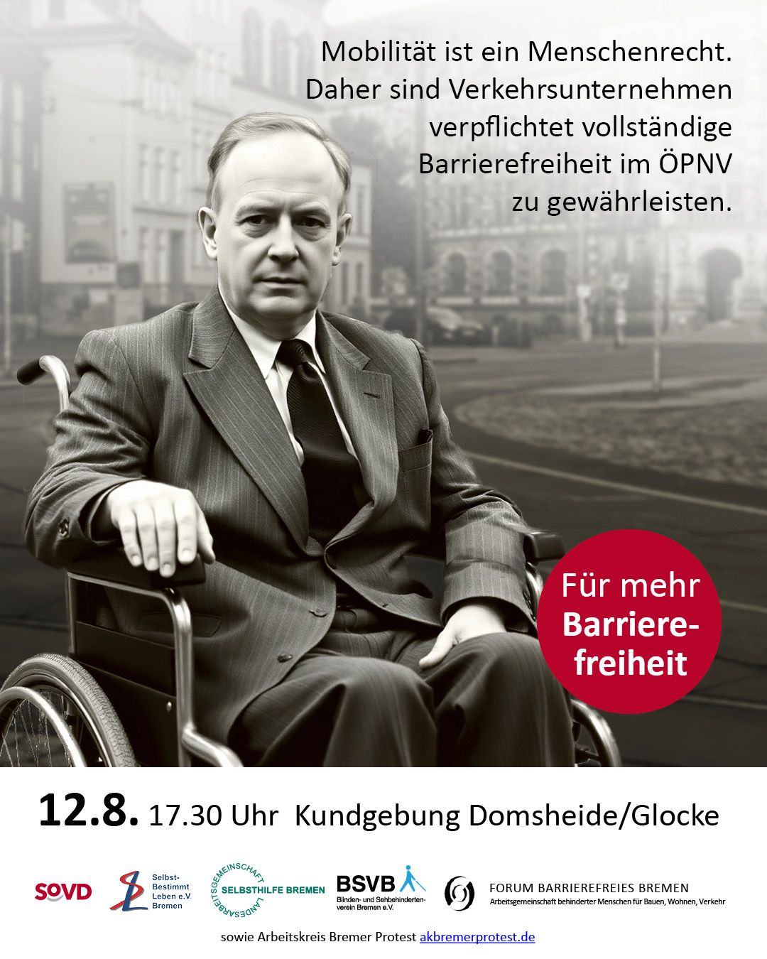 Plakat für Kundgebung am 12.8.2025 in Bremen für mehr Barrierefreiheit