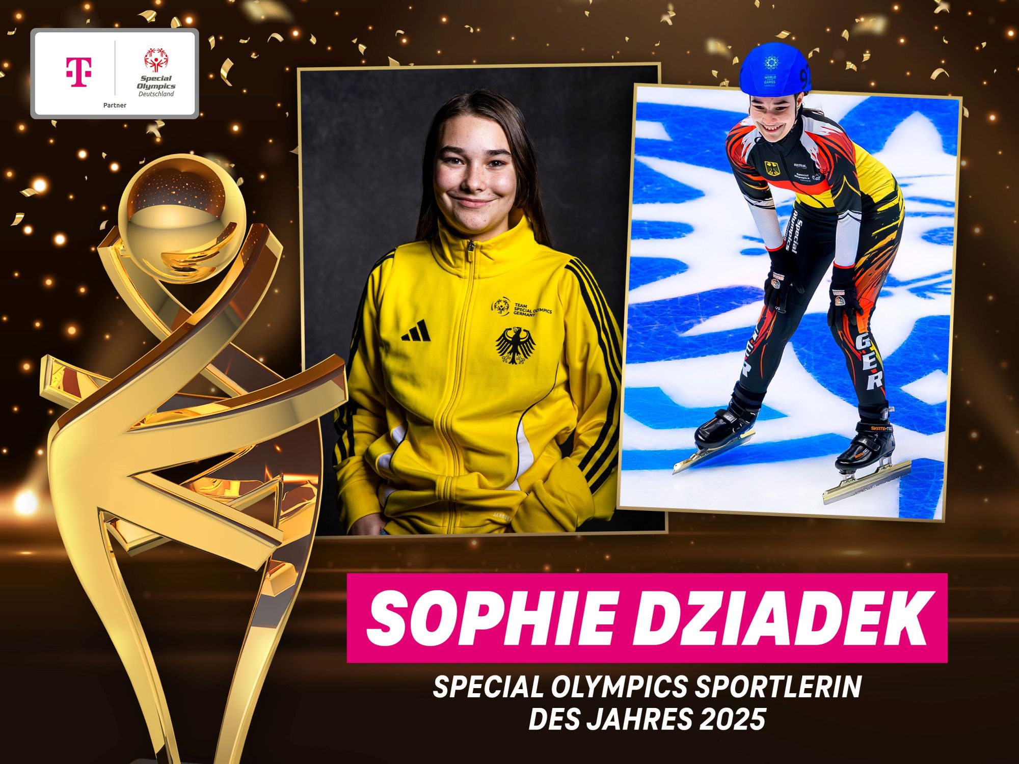 Collage aus drei Bildern. Links ein goldener Pokal mit Goldbändern umschlungen. Mitte eine junge Frau mit dunklen Haaren im gelben Sportdress, rechts diese Frau in Sportdress mit dunkler Hose auf Schlittschuhen stehend