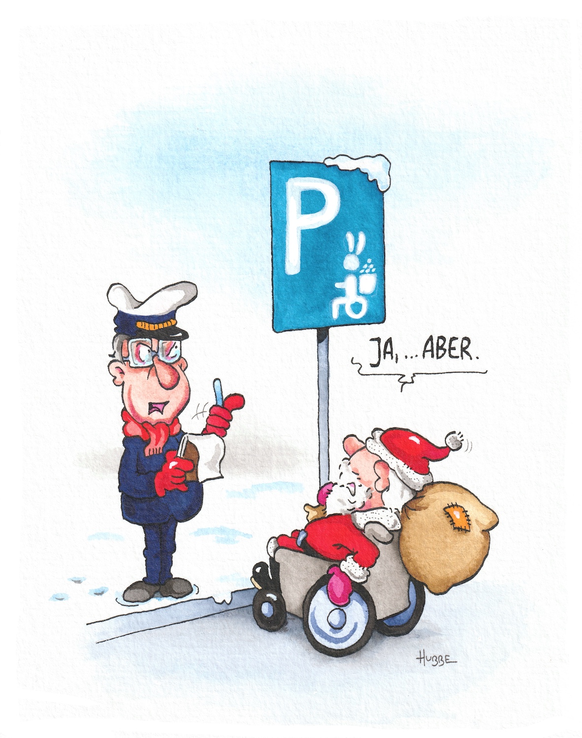 Cartoon von Phil Hubbe mit rollstuhlnutzendem Weihnachtsmann auf dem Rolliparkplatz für den rollinutzenden Osterhasen