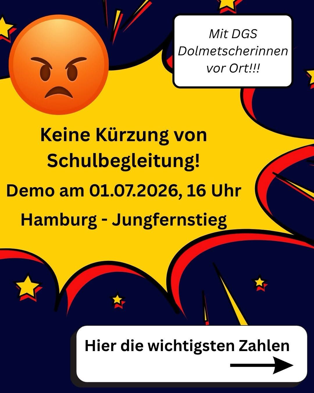 Plakat zur Demo am 1.7.2026 ab 16:00 Uhr am Jungfernsteg in Hamburg zur Schulbegleitung