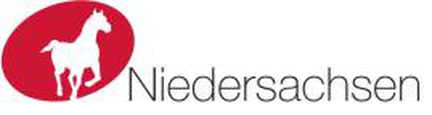 Links weißes Pferd auf rotem Grund, rechts Schriftzug Niedersachsen
