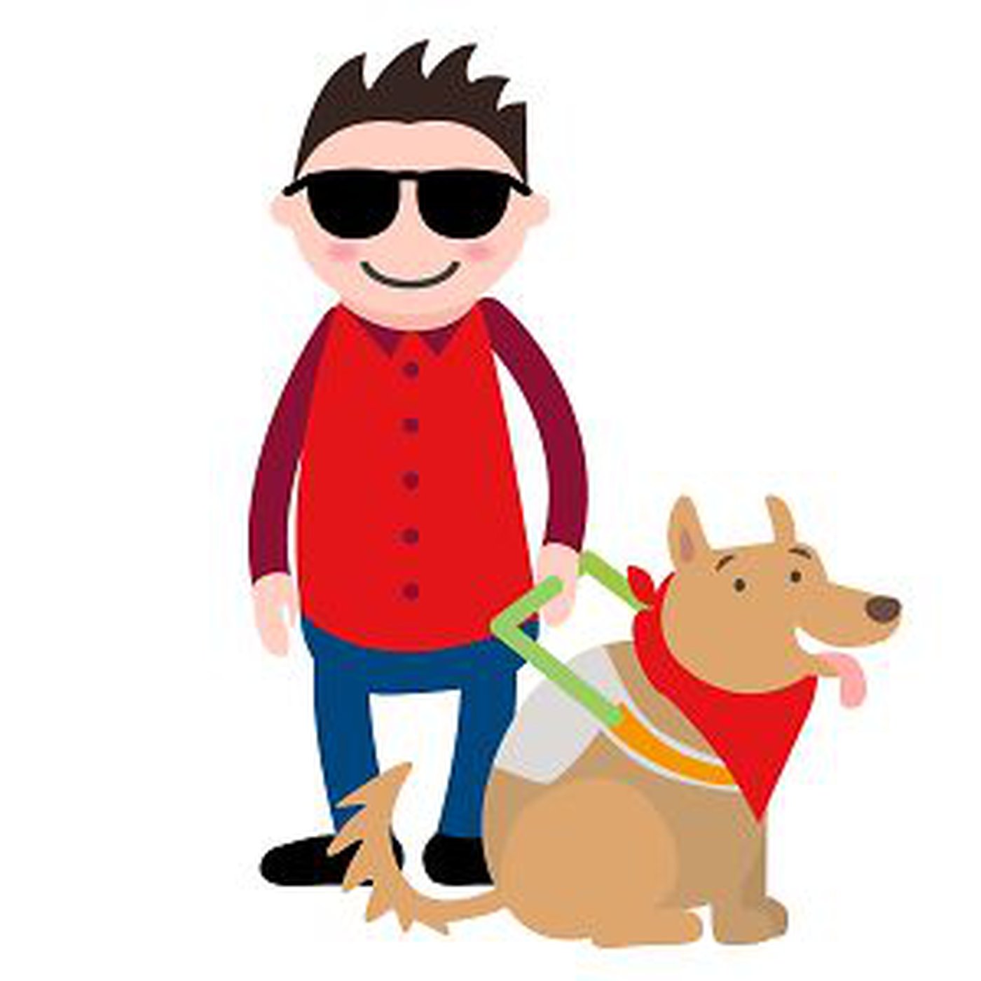 Zeichnung eines Mannes mit dunkler Brille, neben sich einen Führhund mit Geschirr