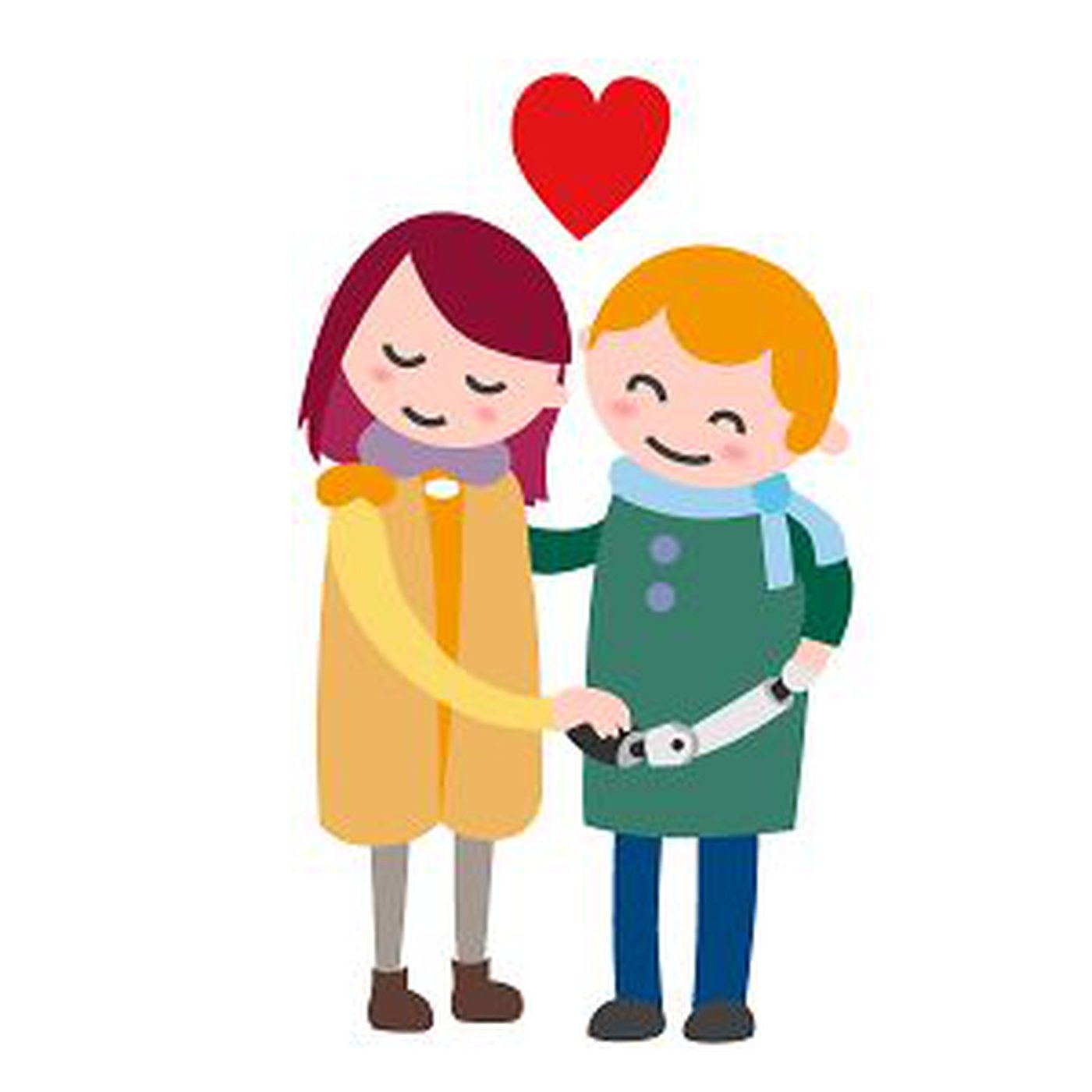 Ein Mädchen und ein Junge mit Armprothese Hand in Hand darüber ein rotes Herz