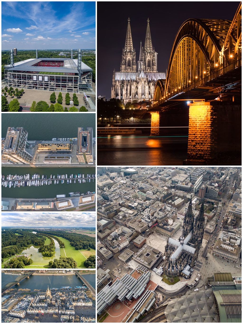Mehrere Einzelbilder aus der Stadt Köln als Collage mit Dom, Stadion, Rheinbrücke