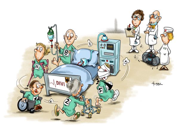 Karikatur zur Triage - Bildbeschreibung im Artikel unten