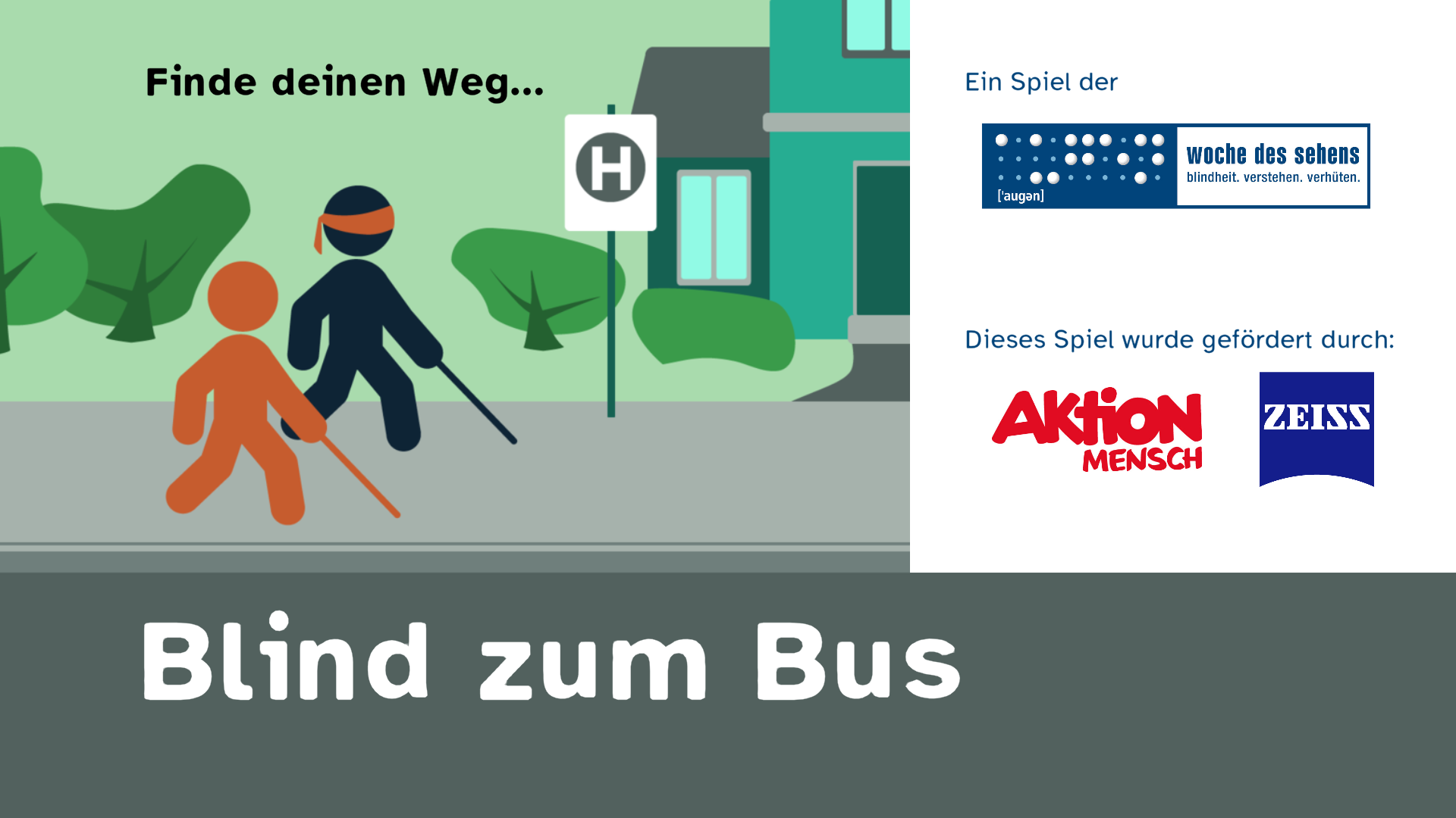 Zeichnung blinder Personen, die mit einem Taststock den Weg zur Haltestelle suchen