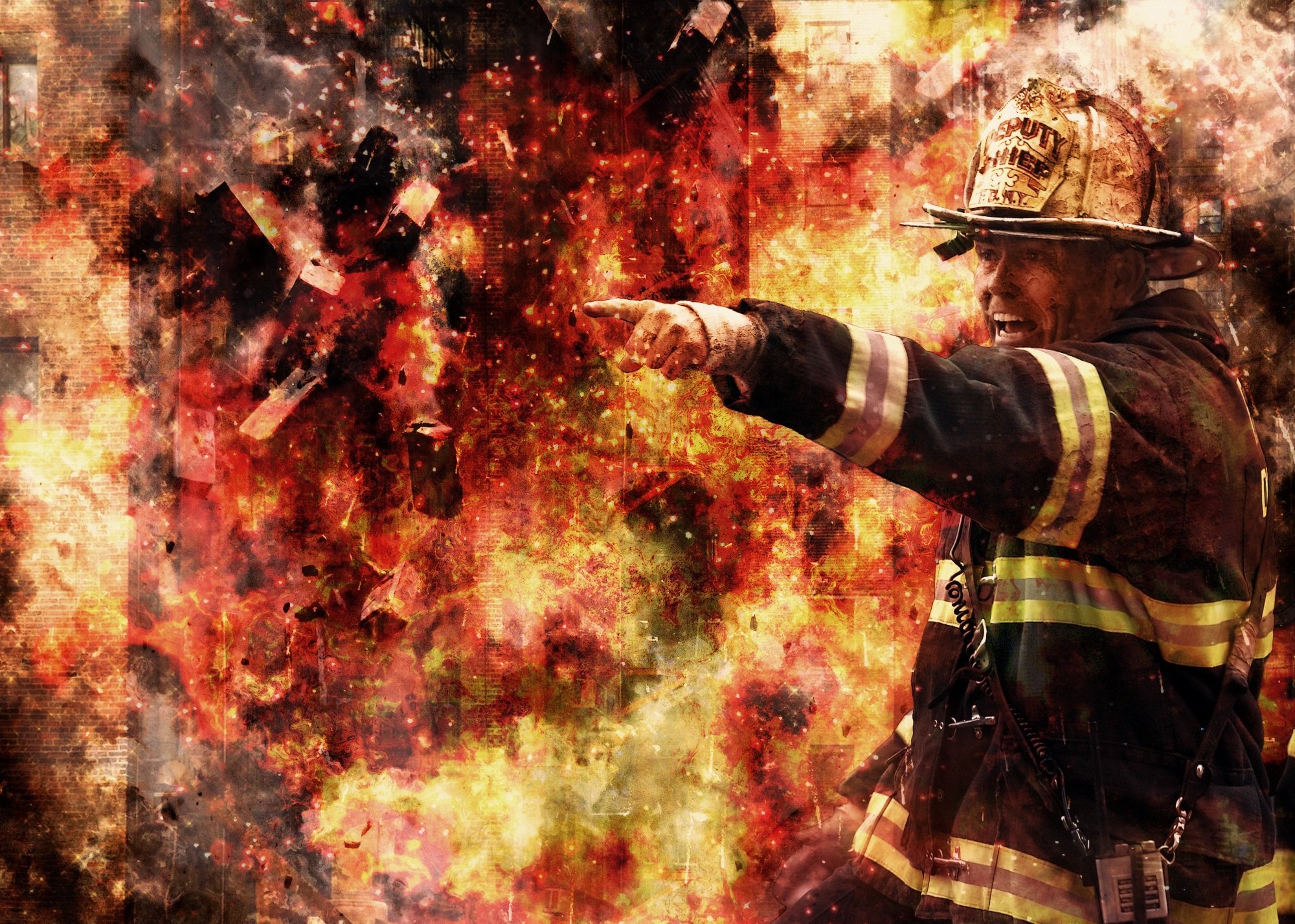 Ein Feuerwehrmann bekämpft ein Flammen Inferno