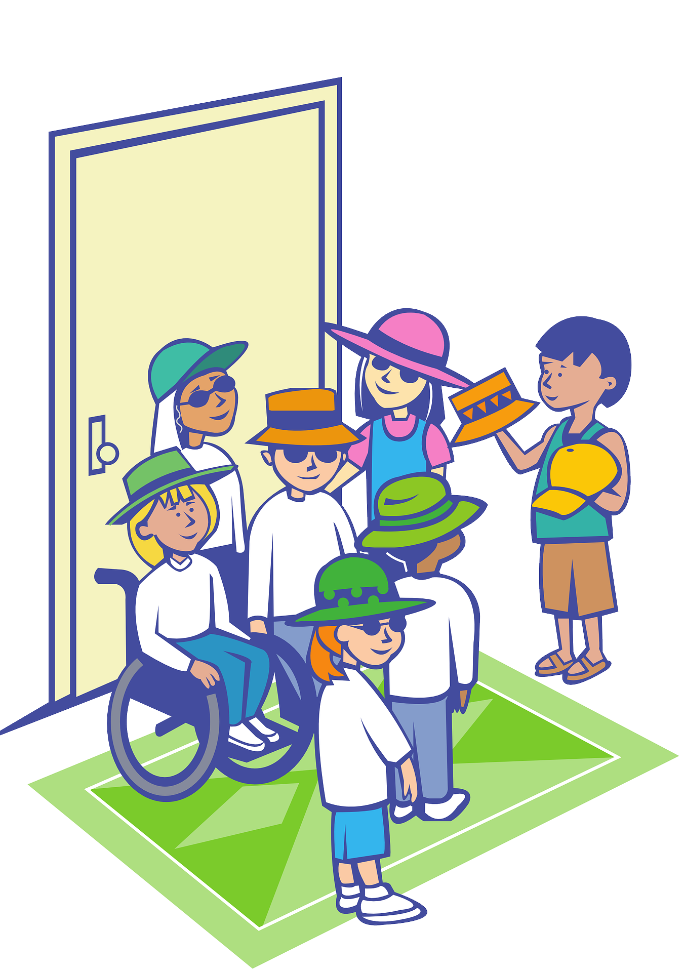 Zeichnung einer Gruppe von Personen, darunter auch eine mit Rollstuhl, vor der Tür