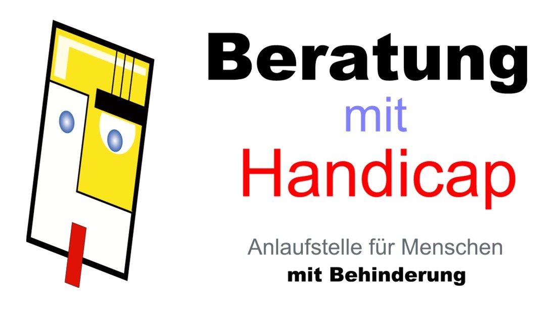 Links eine Tafel mit verschiedenen Informationen, rechts der Name Beratung mit Handicap