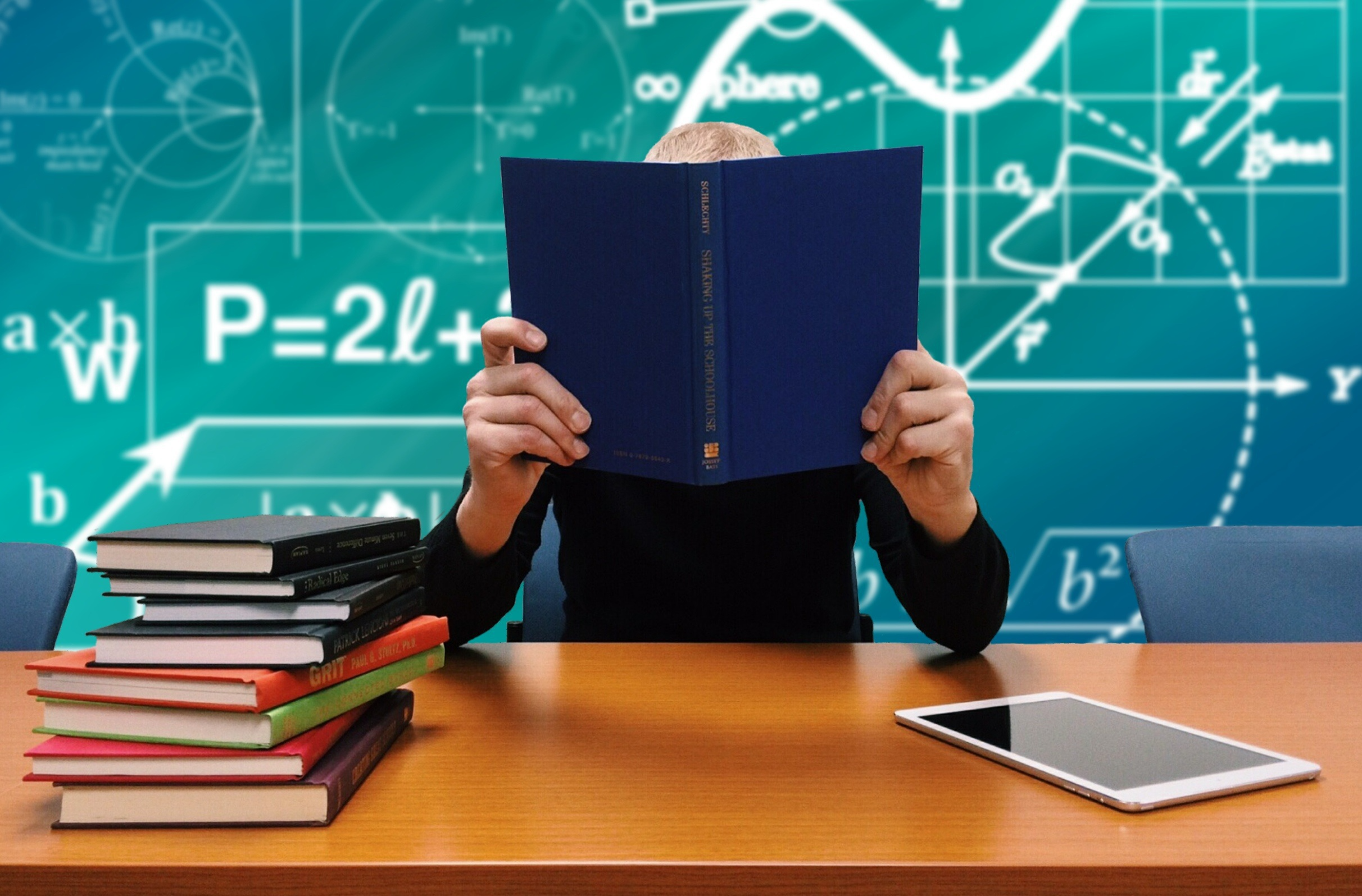 Eine Person mit vielen Büchern vor sich auf dem Tisch, Tafel mit Formeln hinter ihr