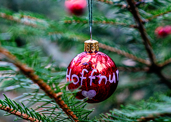 Christbaumkugel mit dem Wort Hoffung 