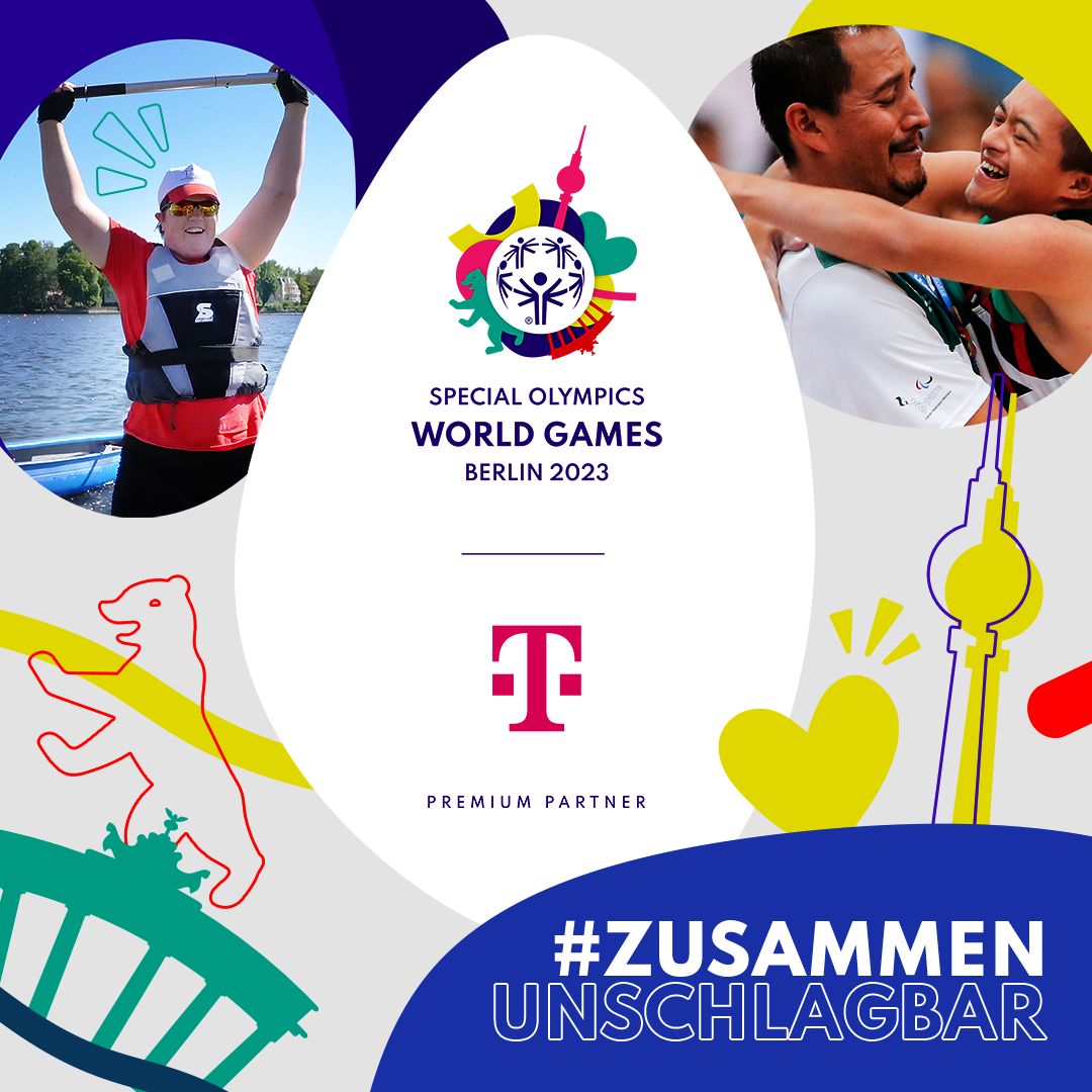 Plakat mit Logos der Special Olympics und der Telekom, einem Kanuten sowie Symbolen von Berlin