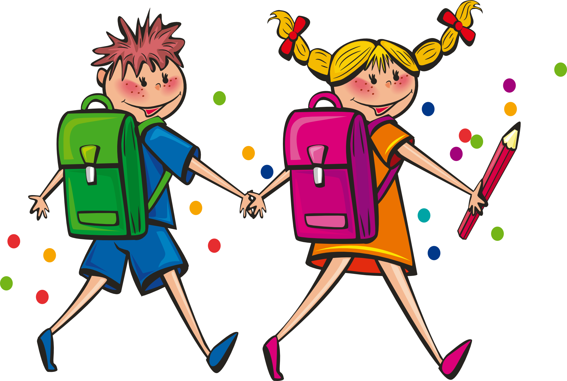 Zeichnung ein Junge und ein Mädchen mit Schulranzen