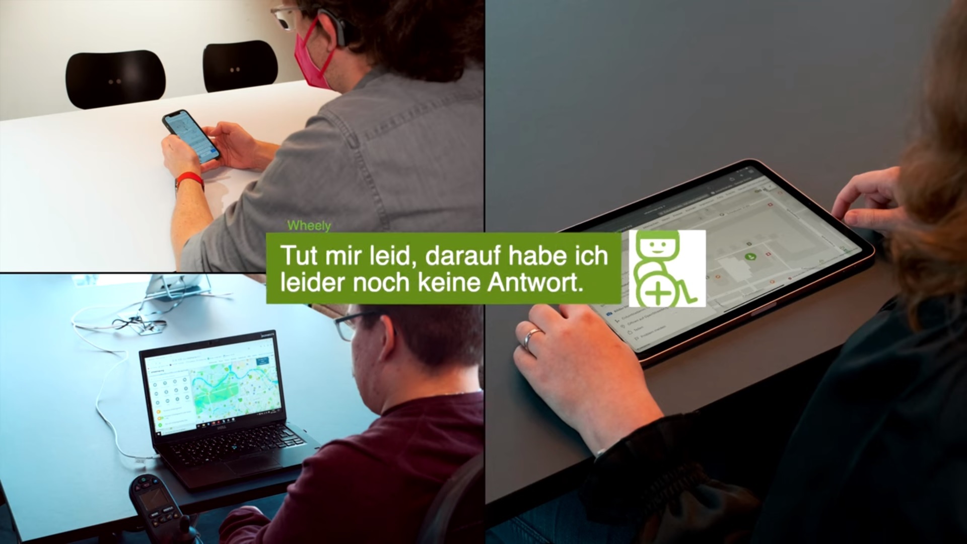 Drei Personen suchen einen Ort auf der Wheelmap. In der Mitte der Text: 