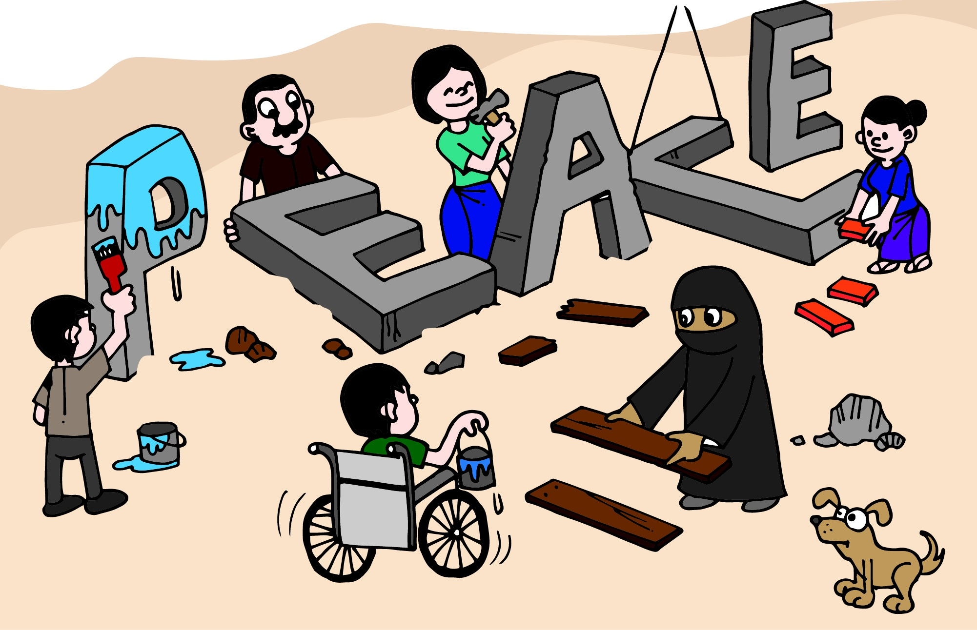 Gruppe von Menschen,, auch einer im Rollstuhl, die gemeinsam arbeiten