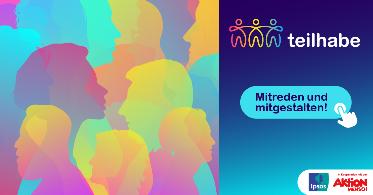 Links Köpfe in verschiedenen Farben, rechts dieLogos von Aktion Mensch und ipsos auf bleuem Grund