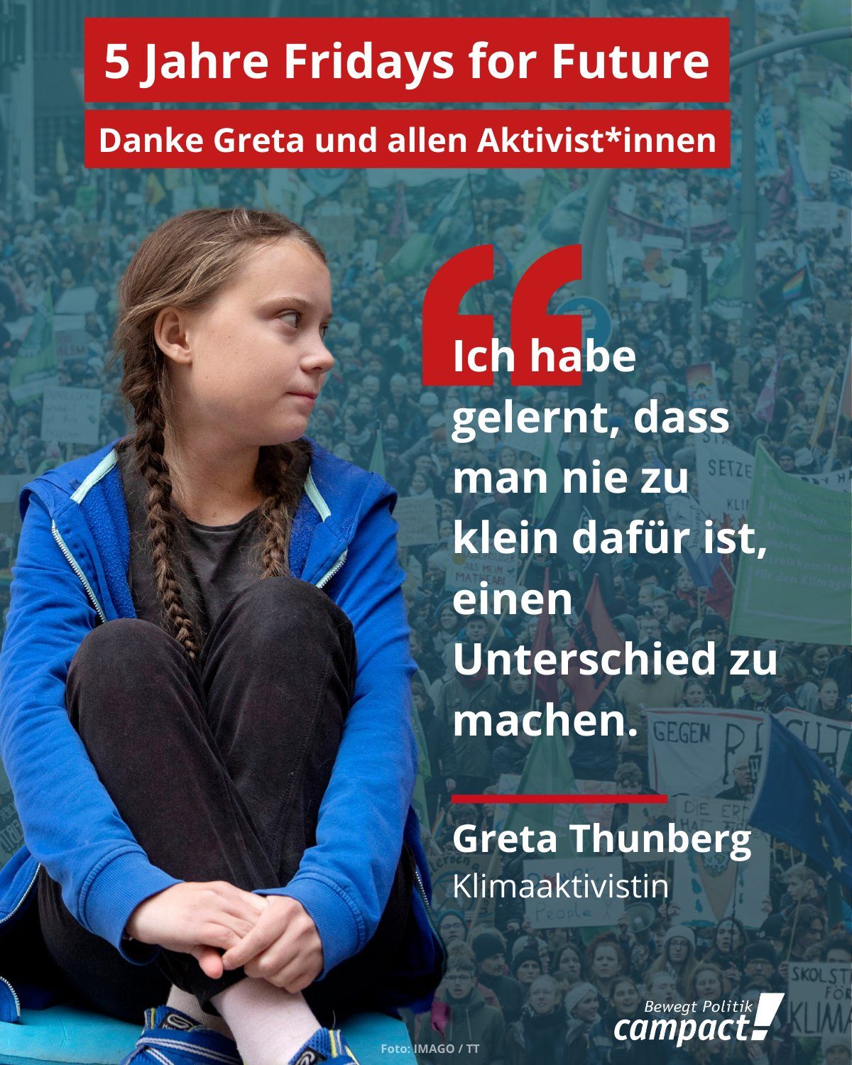 Sharepic zu 5 Jahre Fridays for Future mit Bild von Greta Thunberg
