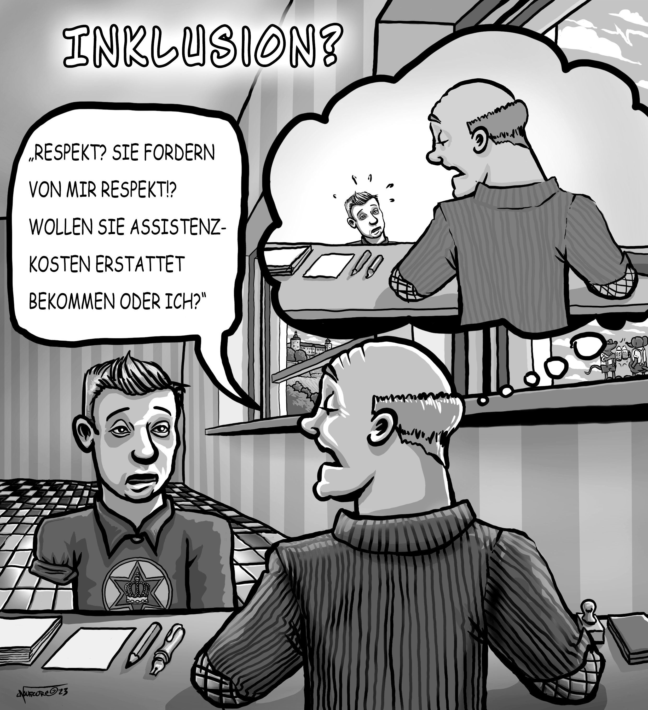 Antragsteller sitzt einem Kostenträgersachbearbeiter gegenüber. In dessen Augen ist der Antragsteller klein