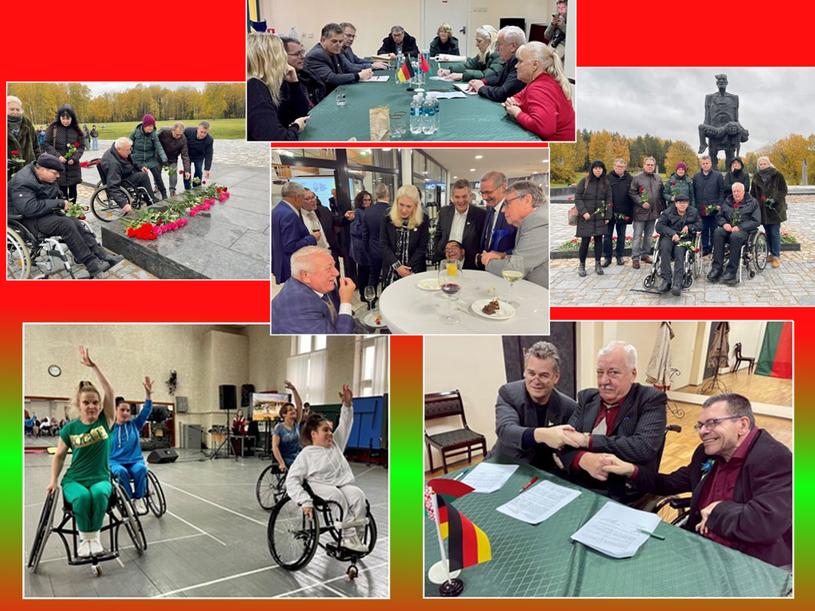 Collage mit Fotos von den Beratungen, den  Besuchen der Einrichtungen des Behindertenverbandes und der Gedenkstätten