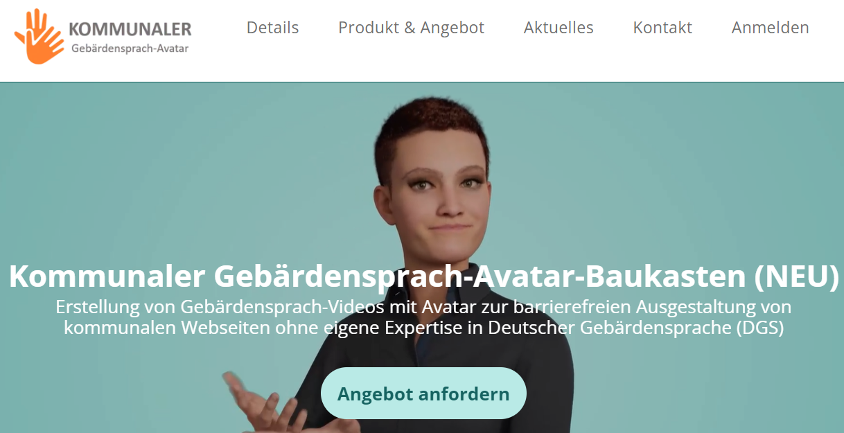 Eine Avatarin gebärdet; Text Komunaler Gebärdensprach-Avatar-Baukasten (Neu) - Angebot anfordern